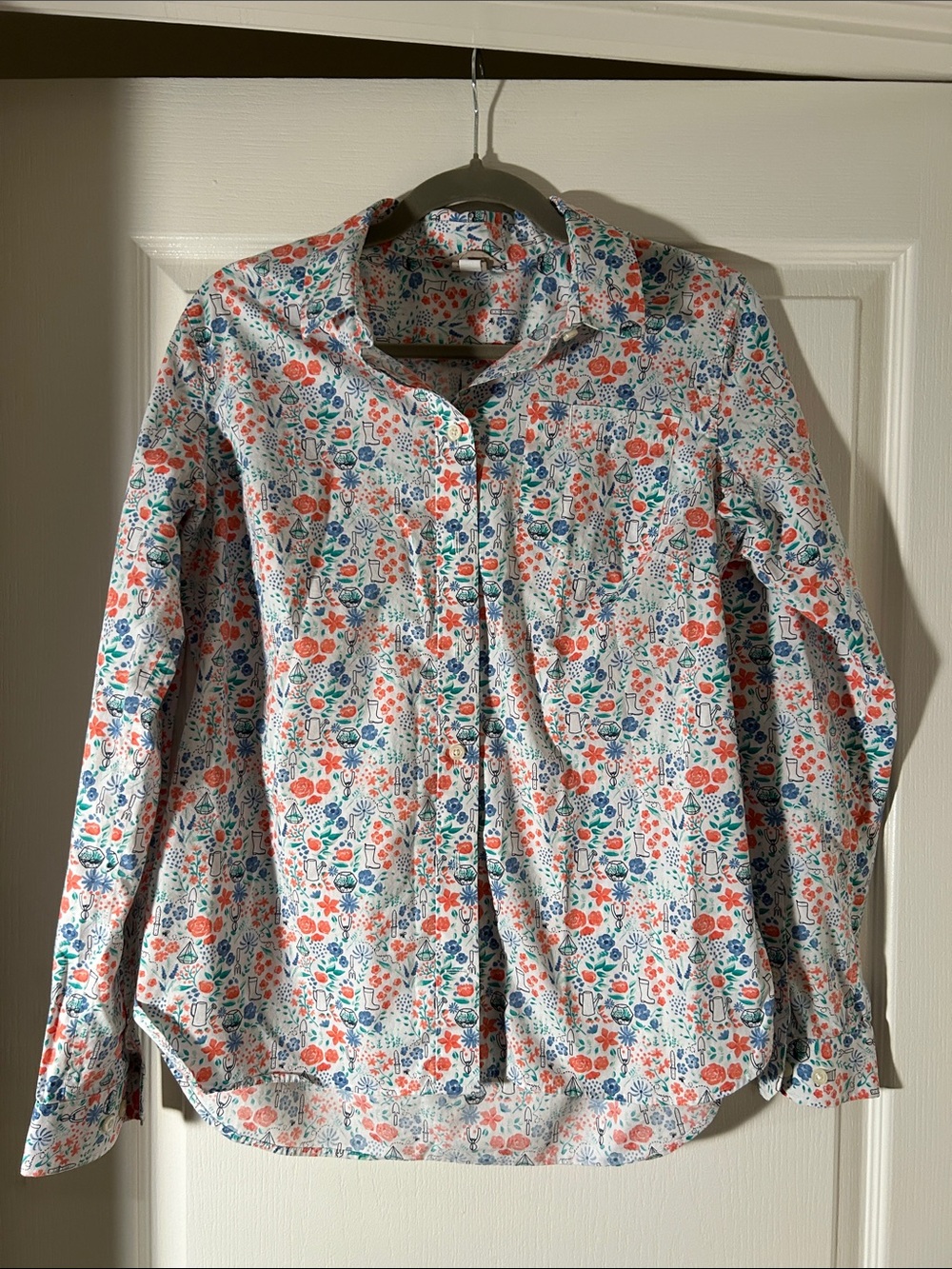 Duluth Trading Company Button-Front Floral/Gardening Print Shirt - Coral & Blu